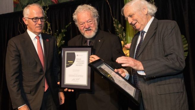 Sam Lipski (centre) and Geoffrey Blainey (right) receiving their awards from Prime Minister Malcolm Turnbull.