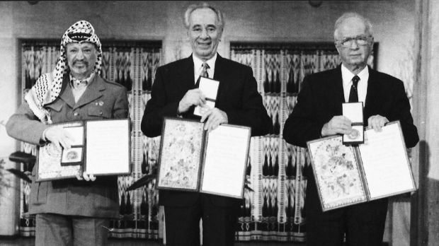 Arafat, Rabin and Peres at the Nobel Peace Prize ceremony