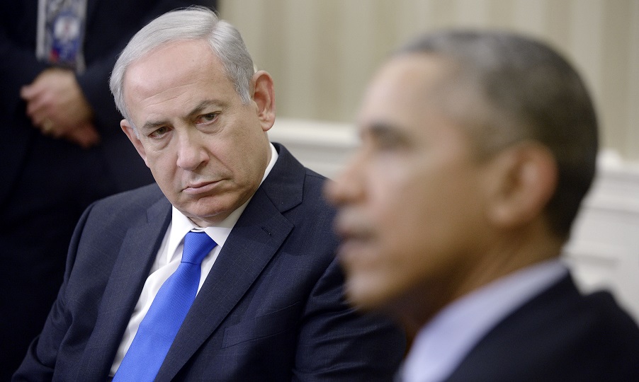 Netanyahu looking at Obama