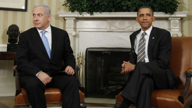 Obama and Netanyahu sitting at the White House