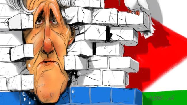 cartoon of Kerry's head breaking through Israeli wall
