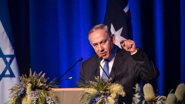 Prime Minister Netanyahu at a podium in Sydney