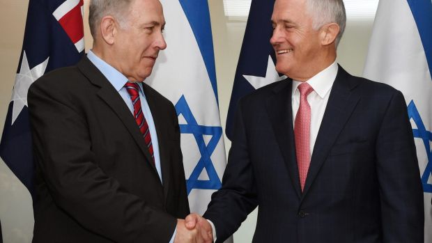 Prime Ministers Netanyahu and Turnbull shaking hands in Australia