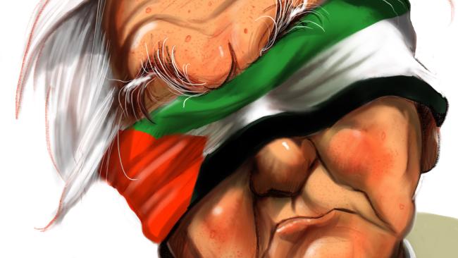 cartoon of Bob Hawke with a Palestinian flag as a blindfold