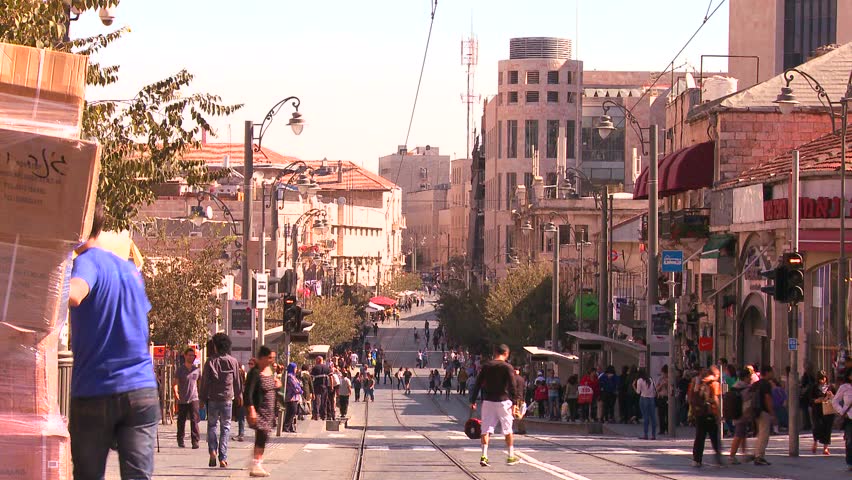view of pedestrians down Jaffa Street in Jerusalem