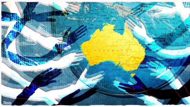 illustration of world map with hands reaching for Australia