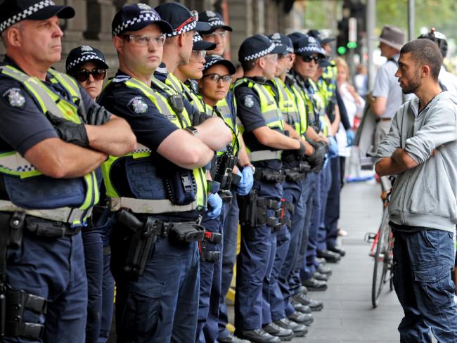 police lined up outside Flinders Street