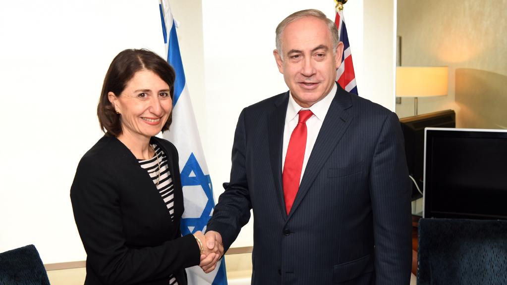 Premier Gladys Berejiklian shakes hands with Israel's Prime Minister Benjamin Netanyahu in Sydney