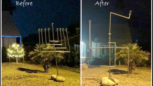 menorah before and after turned into swastika shape