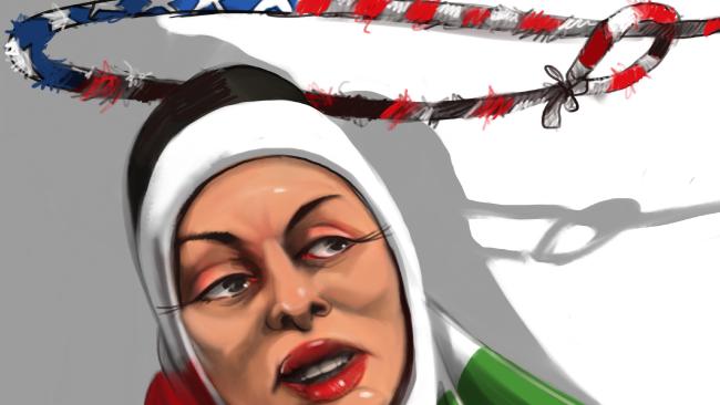 painting of Ahlam Tamimi with a lasso painted with stars and stripes over her head