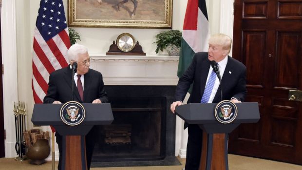 Trump and Abbas at joint press conference at White House