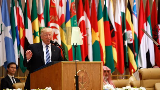 Trump at podium in Saudia Arabia