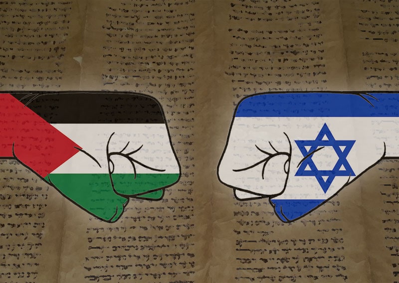 cartoon palestinian and israeli fists facing each other over a scroll