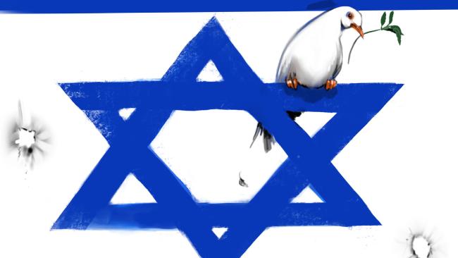 illustration of israeli flag with peace dove sitting on the magen david, and bullet holes