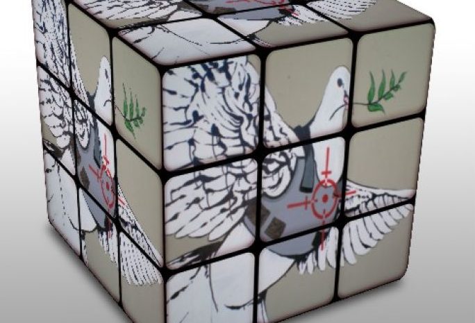 rubik's cube with peace dove in crosshairs