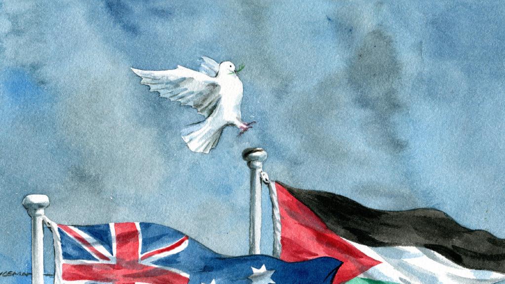 dove about to land on palestinan flag pole with australian flag in front. illustration
