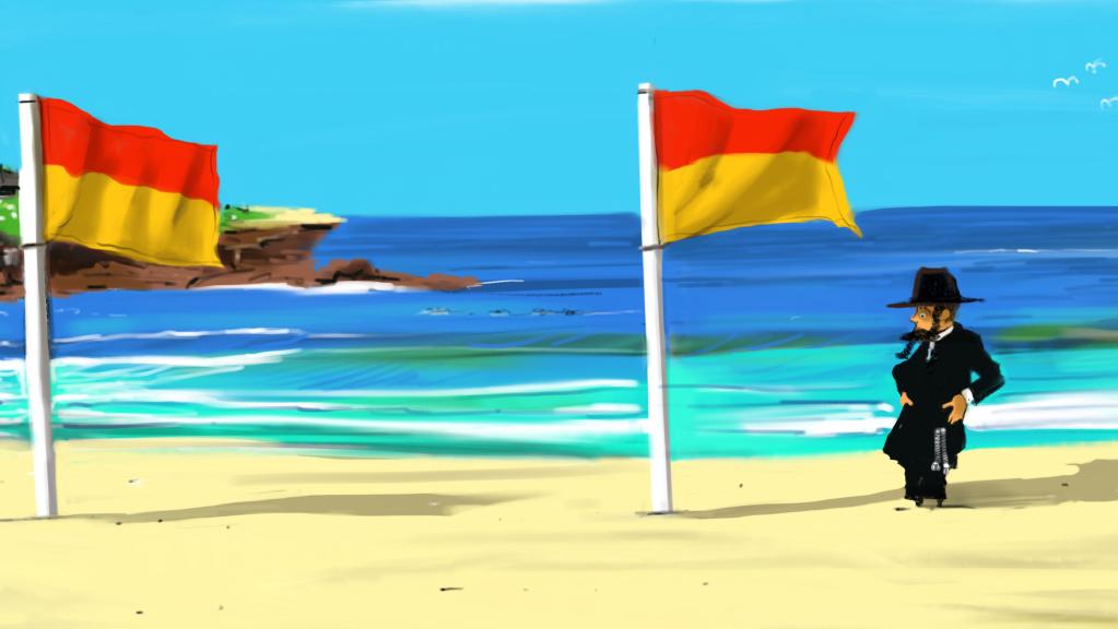 cartoon jewish man standing outside the flags on the beach