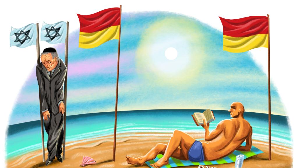 cartoon of jew squeezed between two tiny flags on bondi beach whilst someone else spreads out between normal lifesaving flags