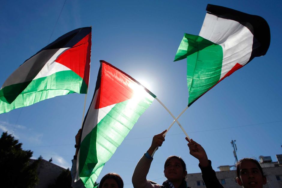 palestinian flags being waved in support