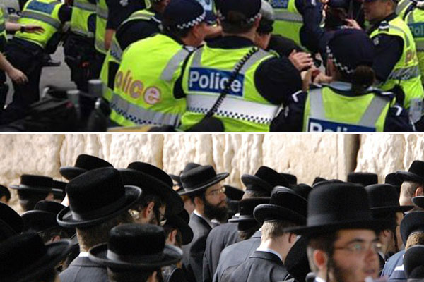 2 photos one of vic police and the other religious jews at the kotel
