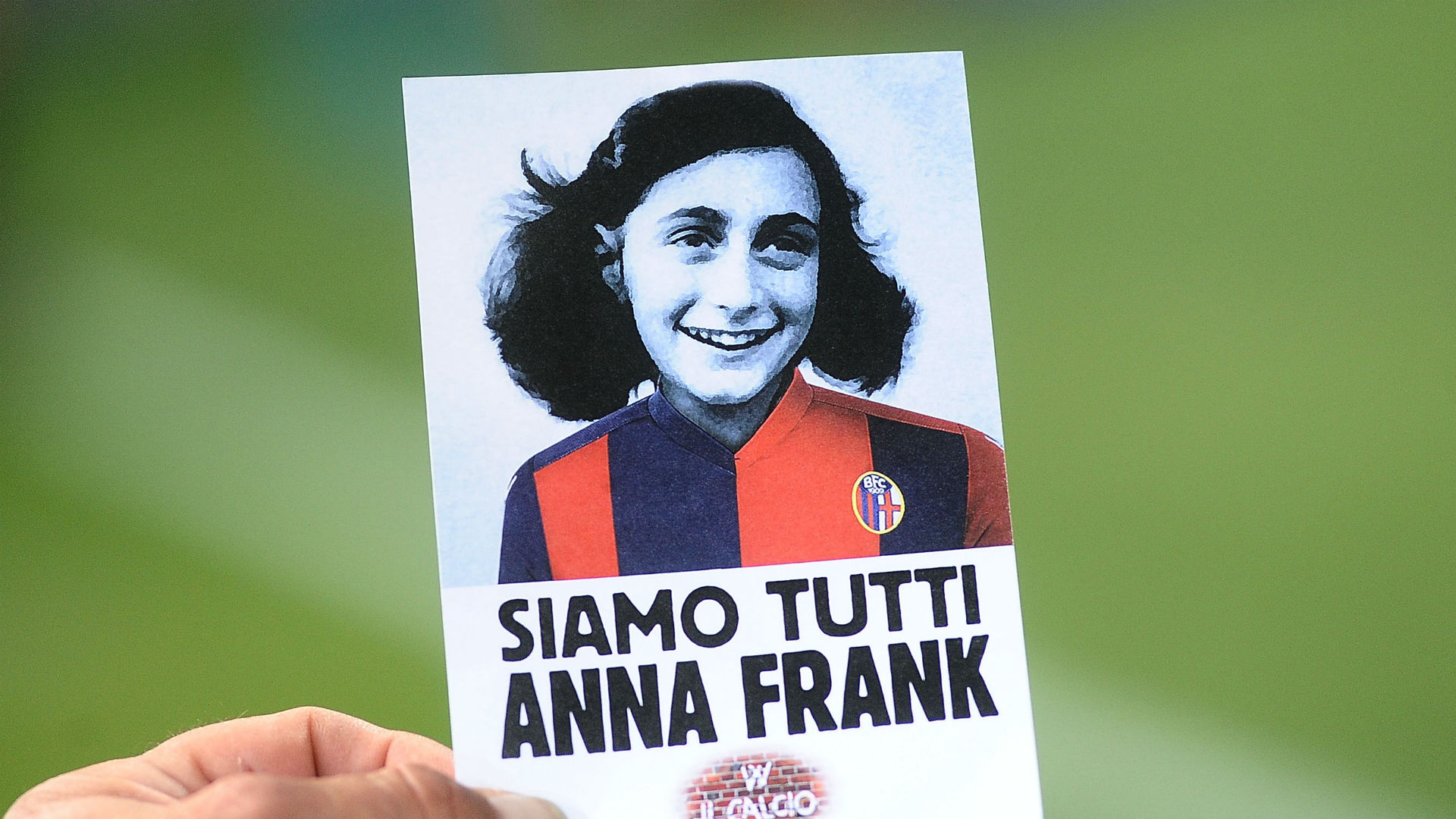 one of the stickers from the infamous match, with anne frank in the soccer team's jersey