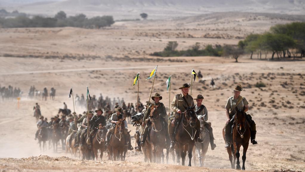 long line of cavalry in the Israeli desert
