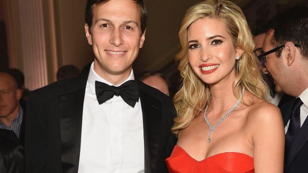 Jared Kushner posing with wife Ivanka in black tie at fancy event