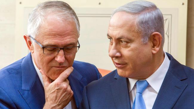Prime Ministers Turnbull and Netanyahu close up in conversation