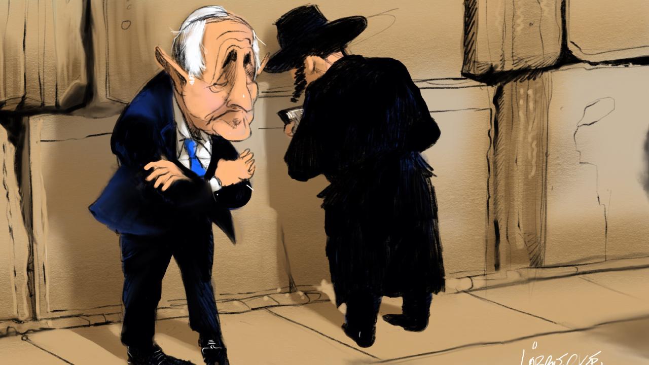 cartoon of religious man praying at the kotel and an old man in a suit with his back turned away from the kotel looking miserable. not sure who that man is meant to be