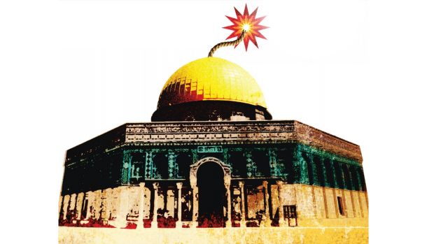 illustration of dome of the rock with a fuse coming out of the top like a bomb