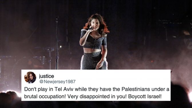lorde on stage, with a twitter message over the top regarding her trip to israel