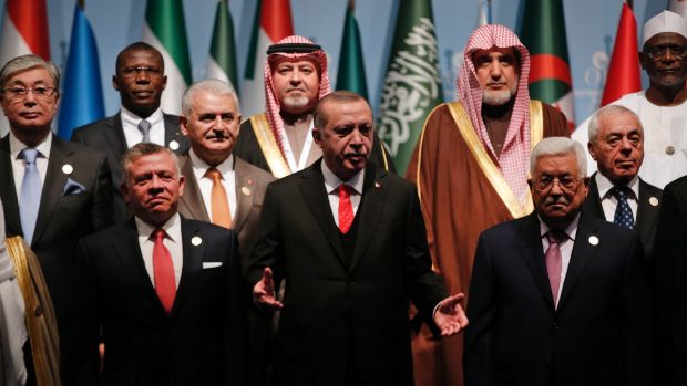 Erdogan surrounded by the other leaders posing in front of flags