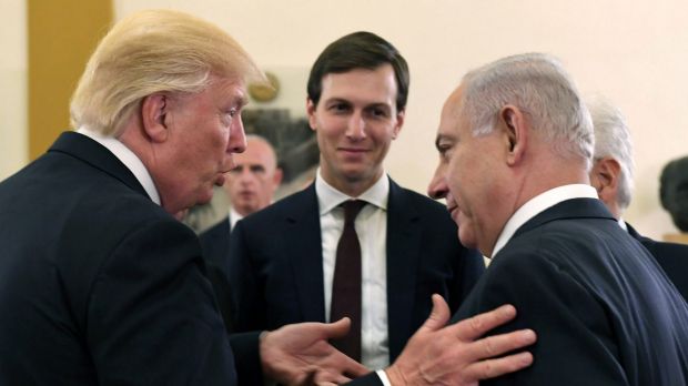 Trump talking to Bibi with Kushner looking on happily