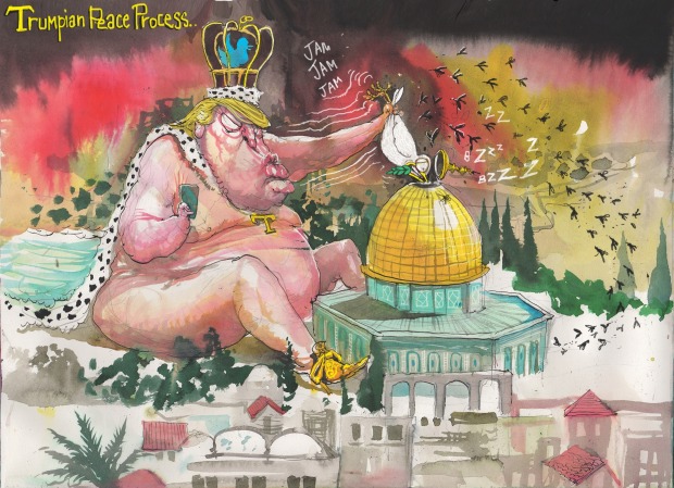 cartoon of trump, grotesque sitting like a naked baby king with gold shoes in a sandbox with the dome of the rock, with a peace dove in his hands trying to shove it down the top of the dome