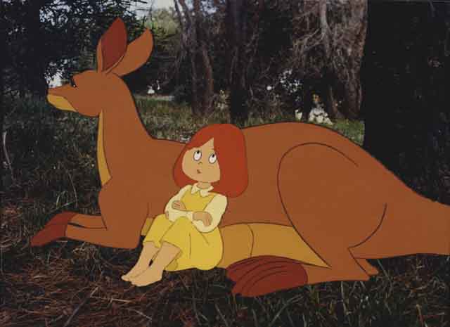 Dot sitting with her back against the kangaroo. still from movie