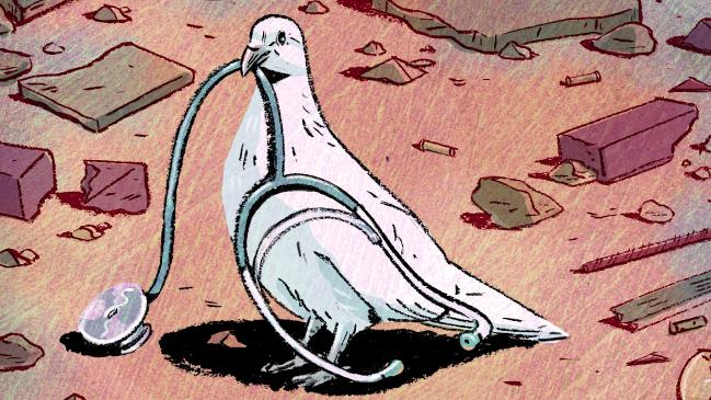 cartoon of peace dove standing amid rubble, with a stethoscope in its mouth