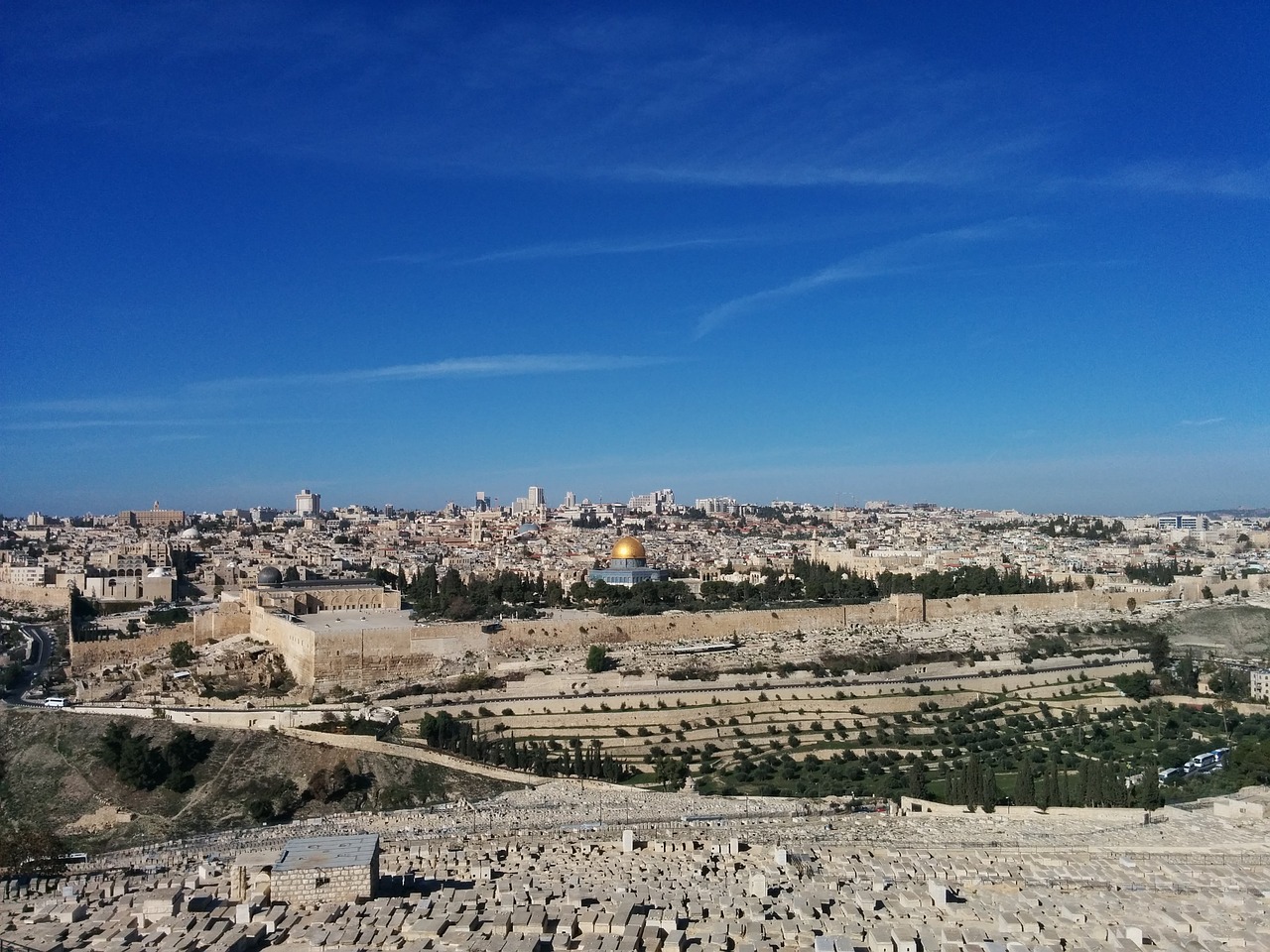 beautiful distant view of jerusalem with blue skies