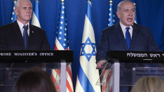 Mike Pence with Netanyahu at podiums at press conference in israel