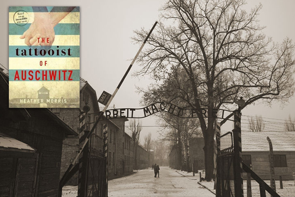 the book cover in the corner over the black and white image of the auschwitz gates