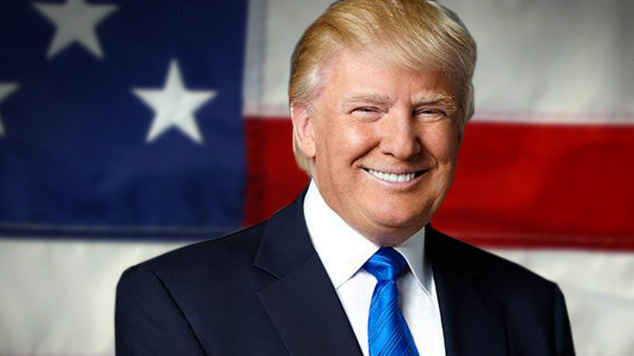 posed photo of trump smiling in front of american flag, but the smile is fake and too wide and very creepy