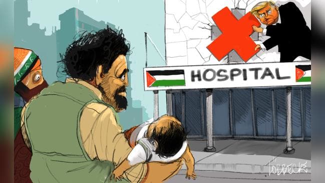 cartoon: palestinian carrying sick baby in arms to hospital with trump crossing out the red cross on the roof