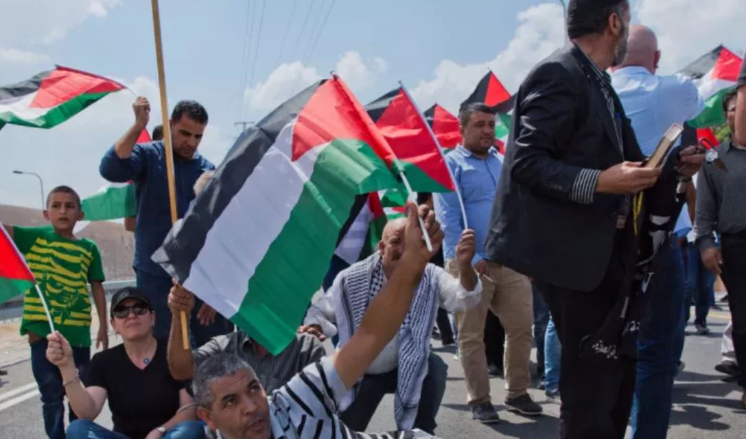 protesters some kneeling, waving Palestinian flags